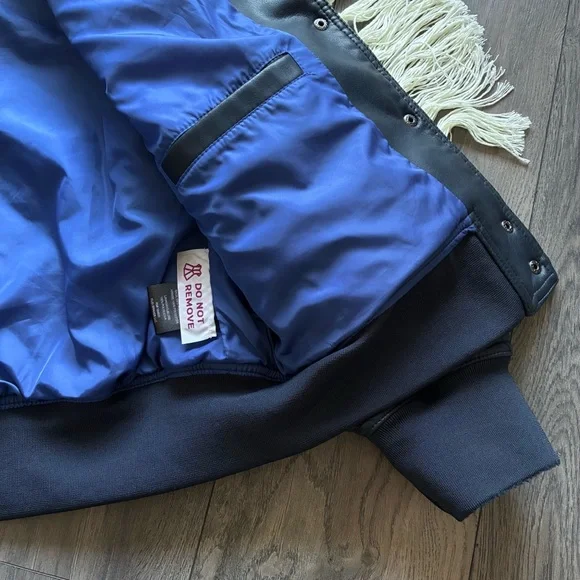 Rebecca Minkoff Diamond Quilted Faux Leather Navy Blue Bomber Jacket - Picture 6 of 12